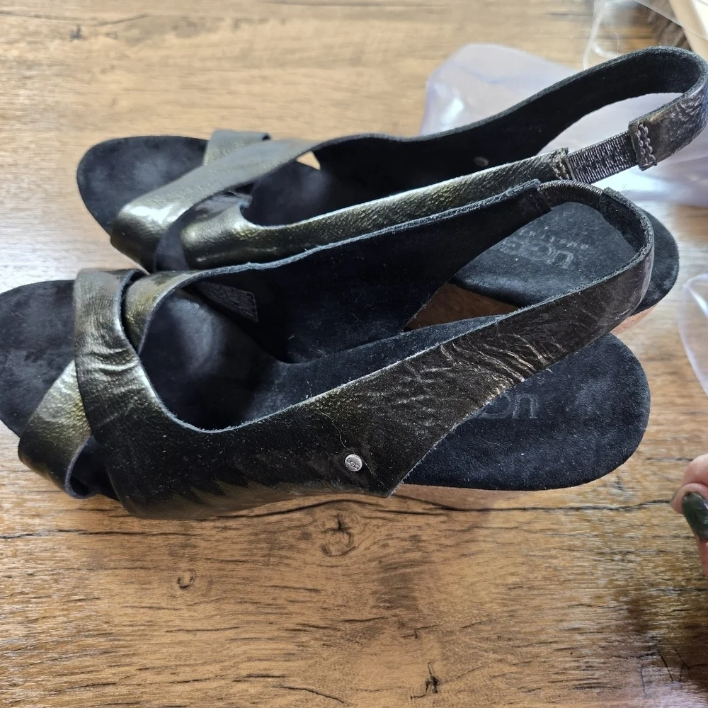 Ugg Hazel 1926 Metallic Patent Slingback Cork Wedge Heels Sandals